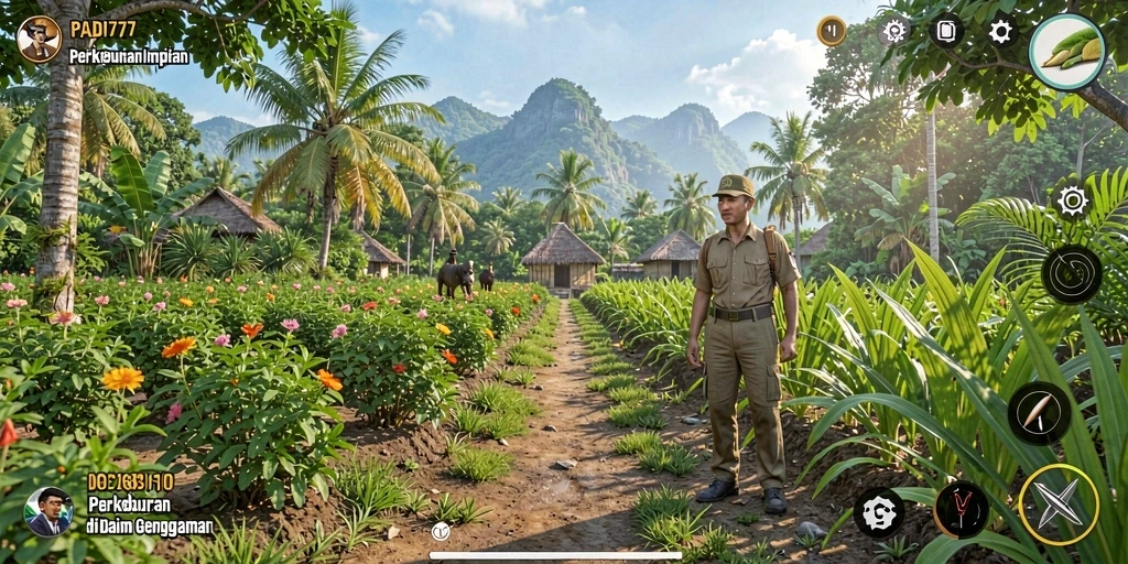 Tangkapan layar menunjukkan gameplay menarik PADI777 dengan pertanian yang subur.