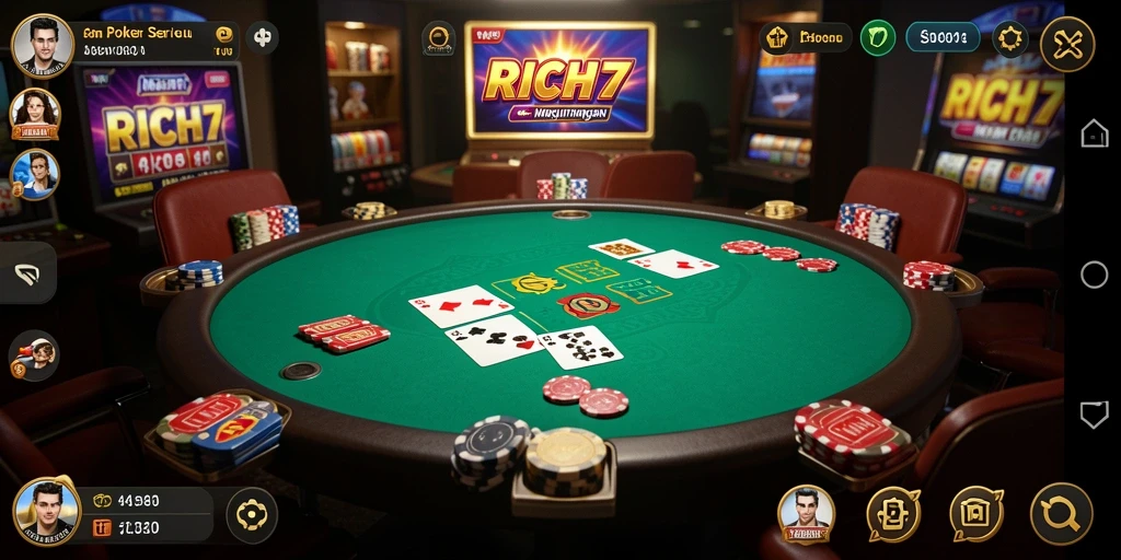 Tampilan gameplay RICH7 yang menarik dengan suasana Poker yang mendebarkan.