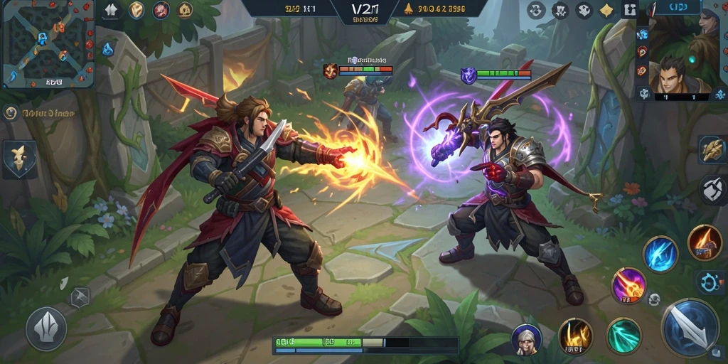 Screenshot V21 menampilkan aksi seru dalam permainan MOBA yang menegangkan.