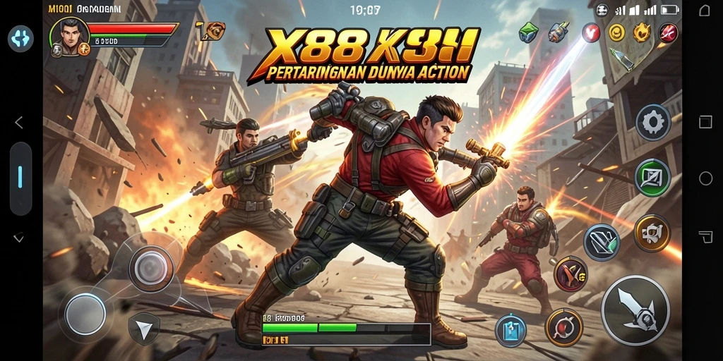 Screenshot gameplay X88 menampilkan aksi pertarungan yang mendebarkan.
